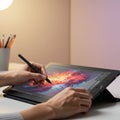 A person uses a stylus to create digital art on a tablet with vibrant colors, predominantly
