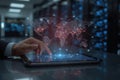 Global connectivity: a person interacts with a tablet displaying a networked world map graphic Royalty Free Stock Photo