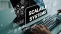 Person Using Computer with Digital Interface Displaying Scalable Systems Technology and Data Analysis Concepts Royalty Free Stock Photo