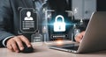 Person using computer with digital security interface Royalty Free Stock Photo