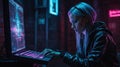 Person using a computer in a neon-lit, dark space Royalty Free Stock Photo