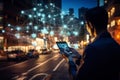 Person using a device in a 5G-powered urban environment, Cityscape with 5G infrastructure and connectivity nodes