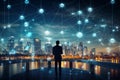 Person using a device in a 5G-powered urban environment, Cityscape with 5G infrastructure and connectivity nodes
