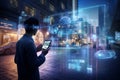 Person using a device in a 5G-powered urban environment, Cityscape with 5G infrastructure and connectivity nodes