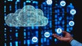 Person using digital cloud interface with tech icons in data center.