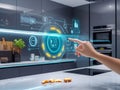 A person using a digital interface in a high-tech kitchen, futuristic home environment, emphasis on advanced technology Royalty Free Stock Photo