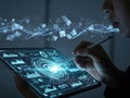 Person using digital tablet with futuristic data visualization and analytics interface Royalty Free Stock Photo
