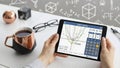 Person using a digital tablet with a graphing calculator app for mathematics Royalty Free Stock Photo