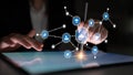 Person using a digital tablet with interactive data visualization and technology icons representing innovation and Royalty Free Stock Photo