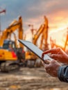 Person using a digital tablet to monitor progress at an active construction site with multiple yellow excavators during sunset Royalty Free Stock Photo