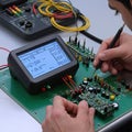 Person using electronic testing equipment to analyze a circuit board with wires and components visible Royalty Free Stock Photo