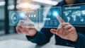 Person using a futuristic holographic interface for data synchronization and global network visualization Royalty Free Stock Photo