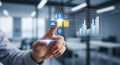 Person using a futuristic interface with holographic icons and data visualization. Royalty Free Stock Photo