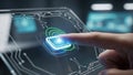 Person using futuristic touchscreen interface with fingerprint scanner technology Royalty Free Stock Photo