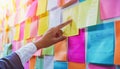 A person is using hand gestures to point at a pink postit note attached to a wall Royalty Free Stock Photo
