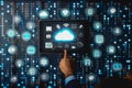 Person using holographic cloud interface in high-tech data center