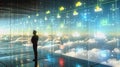 Person using holographic cloud interface in high-tech data center