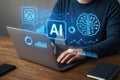 Person using laptop with AI brain, chatbot, and data charts on screen artificial intelligence virtual assistant Royalty Free Stock Photo
