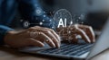 Person using laptop with AI interface innovative technology digital future artificial intelligence AI generated. Royalty Free Stock Photo