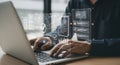Person using a laptop with augmented reality interface for data analysis and visualization Royalty Free Stock Photo
