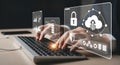 A person using a laptop with cloud computing and security icons Royalty Free Stock Photo
