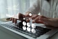 Person using laptop with data analysis interface, displaying graphs, charts, and statistics for business, finance, and Royalty Free Stock Photo