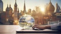 AI generated, A person is using a laptop with a digital globe holographically projected above it. Royalty Free Stock Photo