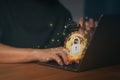 Person using laptop with a digital padlock symbol, representing secure online payment, data protection, cybersecurity Royalty Free Stock Photo