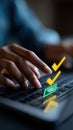 person using laptop with glowing checkmark icon, symbolizing success or completion