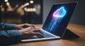 Person using laptop with glowing cloud computing and binary code display data storage Royalty Free Stock Photo