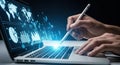 Person using laptop with glowing data visualization and global map Royalty Free Stock Photo