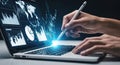 Person using a laptop with glowing data visualizations and charts on the screen, representing business analytics and digital Royalty Free Stock Photo