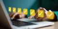 person using laptop with glowing yellow checkmark icons floating above keyboard