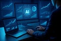 Person using a laptop and multiple screens with AI analytics and financial data visualizations artificial intelligence Royalty Free Stock Photo