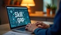Person using laptop with skill gap displayed. Modern tech training, development. Person analyzing tech skill gaps. Person working Royalty Free Stock Photo