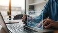 Person Using Laptop with Virtual Checklist Interface Royalty Free Stock Photo