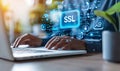 Person Using Laptop with Virtual Interface Displaying SSL Secure Sockets Layer and Security Icons for Encrypted Internet Royalty Free Stock Photo