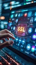 Person Using Laptop with Virtual Interface Displaying SSL Secure Sockets Layer and Security Icons for Encrypted Internet Royalty Free Stock Photo