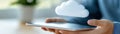 Cloud computing on mobile, person holds phone displaying cloud icon, embracing modern technology Royalty Free Stock Photo
