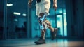 Person using a robotic prosthetic leg for physical therapy. Robotics for healthcare and rehabilitation