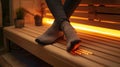 A person using the saunas foot heater while sitting on the bench. The caption mentions the added comfort and relaxation