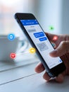 Person using a smartphone with chat application and digital icons for connectivity and security Royalty Free Stock Photo