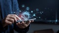 Global Network Digital Technology Mobile Phone Interface Futuristic Connection Data Information Businessman Hand Holding Royalty Free Stock Photo