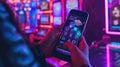 Person using smartphone to play online casino games with colorful slot machine background
