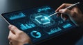 Person using a stylus on a tablet displaying AI and data analytics interface Royalty Free Stock Photo