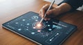 Person using a stylus on a tablet displaying a futuristic data visualization and network connections Royalty Free Stock Photo