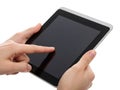 Person using tablet device isolated on white background Royalty Free Stock Photo