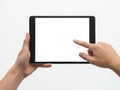 Person using tablet device isolated on white background Royalty Free Stock Photo