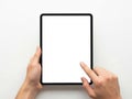 Person using tablet device isolated on white background Royalty Free Stock Photo