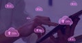 Person using tablet with digital cloud icons showing data upload progress